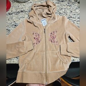 Vintage Y2K Self Esteem Velour Butterfly Hoodie Tan Beige Zip Up Jacket Small